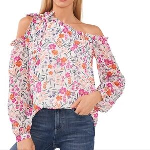 CeCe Floral Off-Shoulder Blouse - Pink, Orange, White long sleeve XS